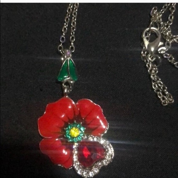 Floral Enamel Pendant Necklace set Red Zircon Silver Chain Dangle Earrings - Picture 8 of 11